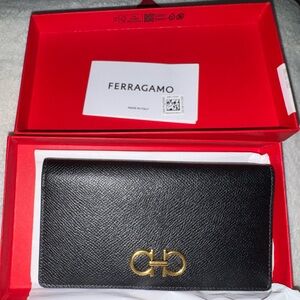 Salvatore Ferragamo Black Leather Card Holder with Gold Accent